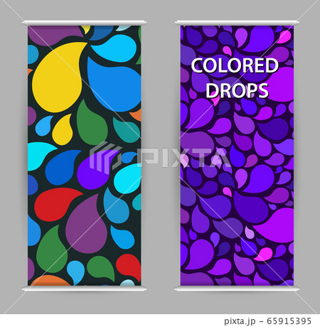 Bright drops of paint. Modern purple background for Roll up. Set vertical banners with empty place for text. 65915395