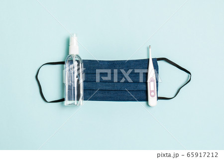 Top view of handmade cotton mask, alcohol hand Top view of handmade cotton mask, alcohol hand 65917212