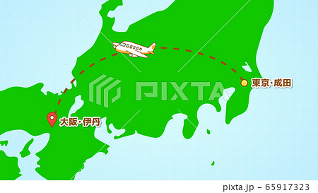 シンプルな飛行機移動の説明イラスト（成田発-伊丹着） 65917323