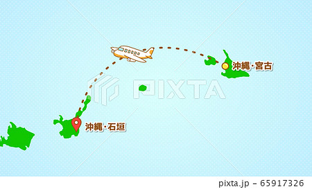 シンプルな飛行機移動の説明イラスト（宮古発-石垣着） 65917326