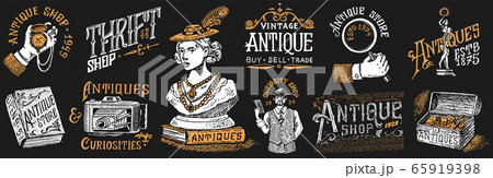 Antique shop labels or badges set. Collection of vintage victorian ancient logo for t-shirts Antique shop labels or badges set. Collection of vintage victorian ancient logo for t-shirts 65919398