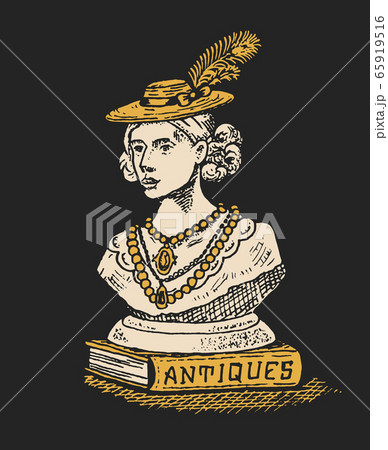 Antique sculpture label. Lady woman in hat. Vintage golden card. Shop badge. Gypsum head. Victorian Antique sculpture label. Lady woman in hat. Vintage golden card. Shop badge. Gypsum head. Victorian 65919516