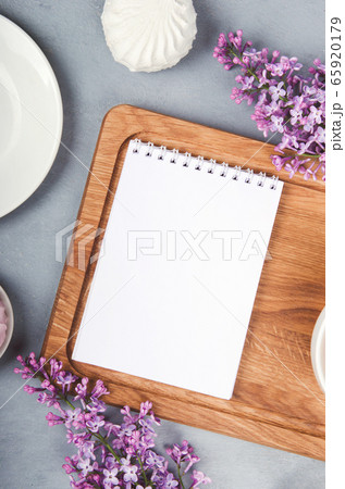 Lilac, marshmallow on wooden desk. Flat lay 65920179