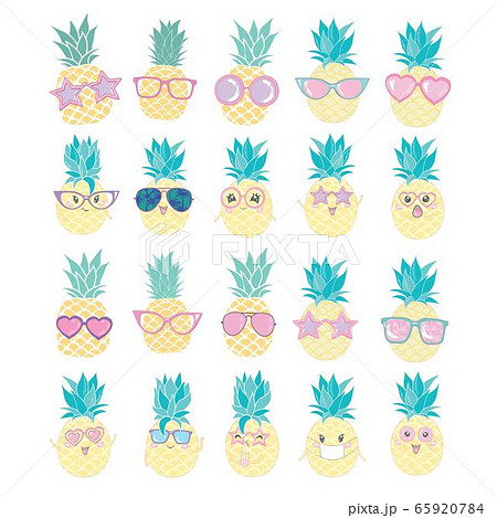 Group of five pineapples wearing different styles of sunglasses Group of five pineapples wearing different styles of sunglasses 65920784