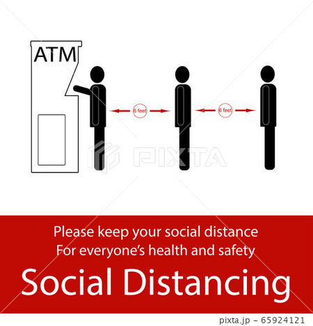 ATM cash dispenser pictures with Icon people, people to stand 6 feet apart, the practices put in place to enforce social distancing 65924121