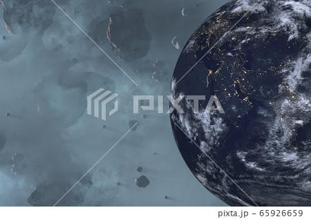 Night Earth planet in space asteroid field 65926659