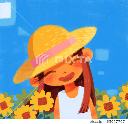 麦わら帽子の少女 ひまわり畑のイラスト素材