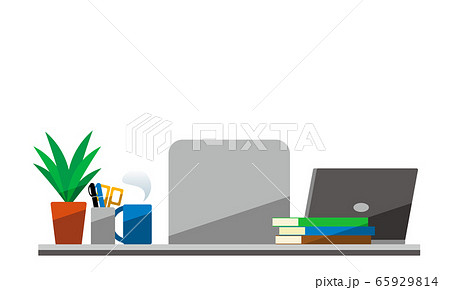 オフィス 観葉植物 ペン立て マグカップ 椅子 本 ノートパソコンのあるデスクのイラスト素材