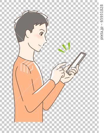 スマホを操作して笑顔な男性の横顔 65931828