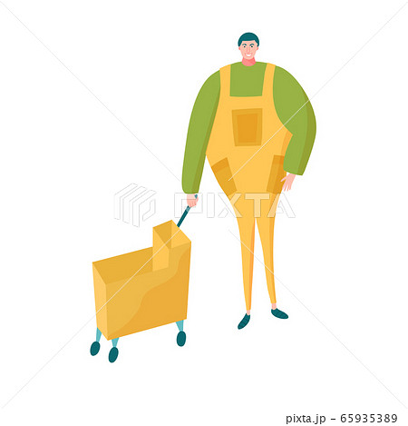Janitor with bucket cart in yellow overalls 65935389