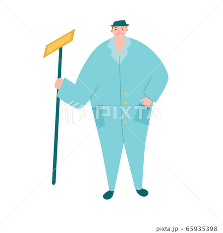 Housekeeper worker with mop standing in overalls Housekeeper worker with mop standing in overalls 65935398