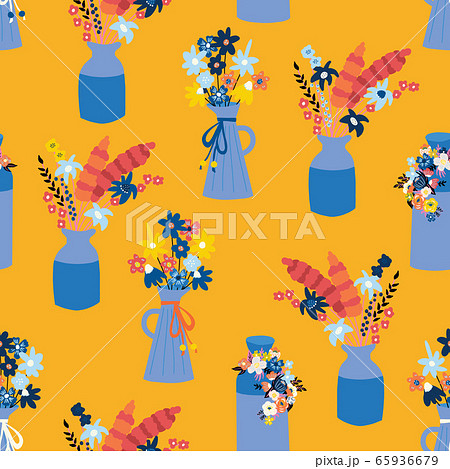 Vases with summer wildflowers seamless vector pattern. Flower vase repeating background in fall Vases with summer wildflowers seamless vector pattern. Flower vase repeating background in fall 65936679