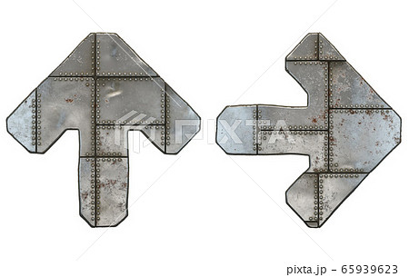 Set of symbols up arrow and right arrow made of industrial metal on white background 3d 65939623