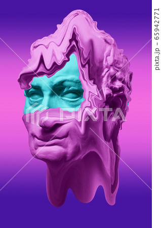 Collage with plaster antique sculpture of human face in a pop art style. Creative concept colorful neon image with ancient statue head. Zine culture. Cyberpunk, webpunk and surreal style poster. Collage with plaster antique sculpture of human face in a pop art style. Creative concept colorful neon image with ancient statue head. Zine culture. Cyberpunk, webpunk and surreal style poster. 65942771