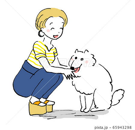 愛犬が可愛くて触れる女性と喜ぶ白い大型犬の子犬のイラスト素材