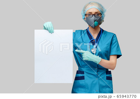female doctor with stethoscope wearing protective mask and latex gloves holding blank sign over light grey background female doctor with stethoscope wearing protective mask and latex gloves holding blank sign over light grey background 65943770