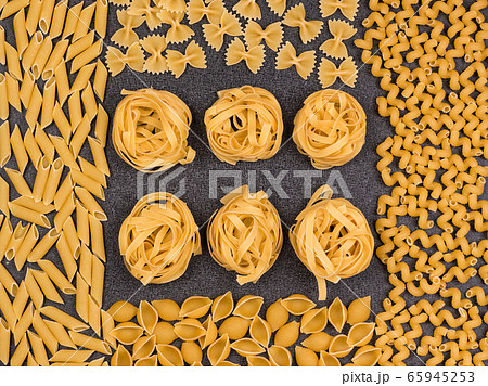 Different types of Italian pasta. Top view. Pasta 65945253
