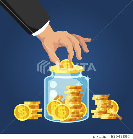 Capital saving. Man hand putting golden coin 65945896