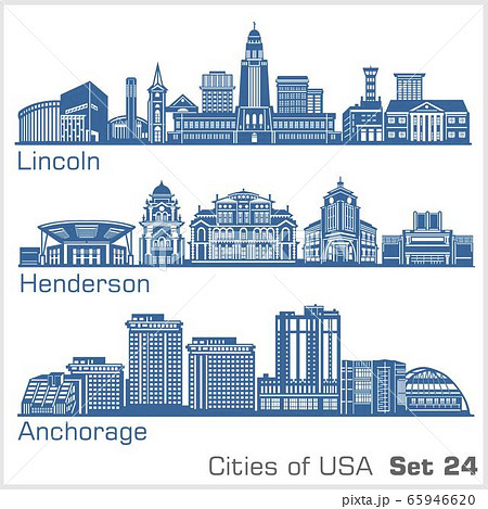Cities of USA - Lincoln, Henderson, Anchorage. Detailed architecture. Trendy vector illustration. 65946620