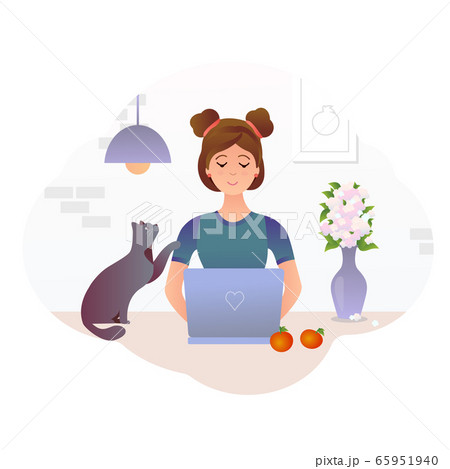 Young cute girl character sitting at the desk. She works with a laptop, drinks coffee, a red cat is lies near. Female freelancer, student, surf the Internet. 65951940