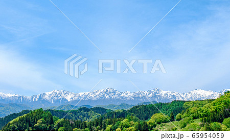 新緑と残雪の北アルプス 65954059