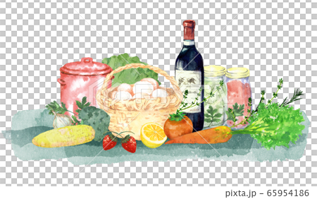 ワインと食材の水彩画 65954186