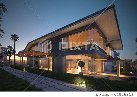 Photorealistic render building exterior in the outdoor 3d illustration 65956313