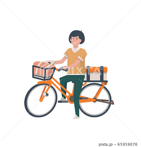 自転車に乗る女性 サイクリング 買い物 買い出し 通勤 配達 イラストのイラスト素材