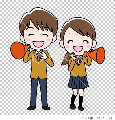 メガホンを持って応援する高校生男女のイラスト素材