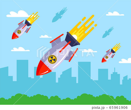 destruction of a peaceful city with nuclear missiles. flat vector illustration. 65961906
