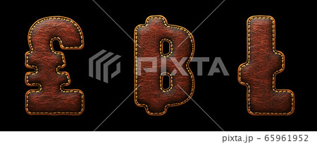 Set of symbols lira, baht, litecoin made of leather. 3D render font with skin texture isolated on black background. 65961952