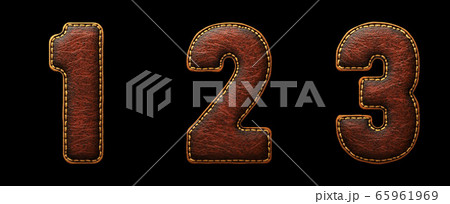 Set of numbers 1, 2, 3 made of leather. 3D render font with skin texture isolated on black background. 65961969