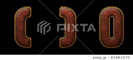 Set of symbols left and right parentheses, number 0 made of leather. 3D render font with skin texture isolated on black background. 65961970