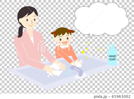父母和孩子用講話泡泡洗手的插圖 65963002