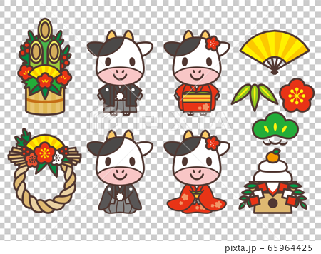 牛のキャラクターと正月飾りセットのイラスト素材