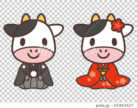 着物の牛のキャラクター02 正座のイラスト素材