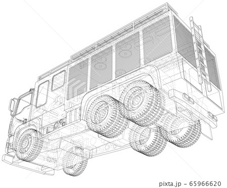 Vector Wire-frame isolated Fire truck on background. Vector rendering of 3d 65966620