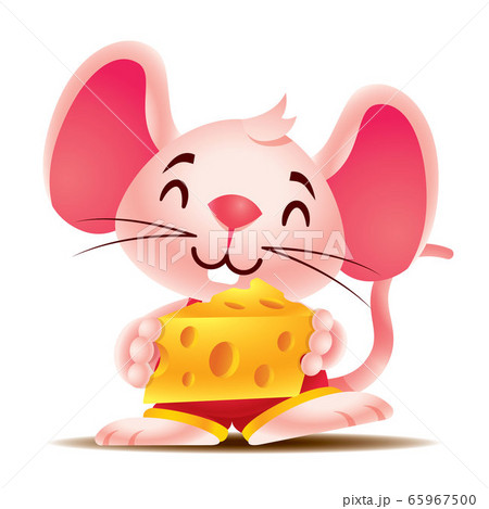 Cartoon cute happy rat with big ears holding large fresh Swiss cheese - Vector rat character mascot 65967500