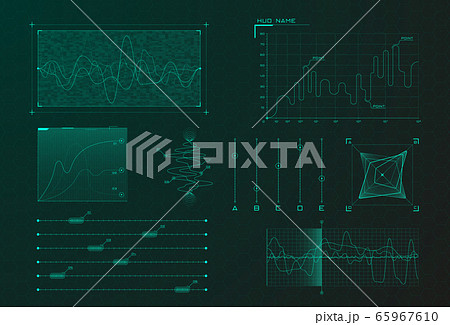 Set of HUD infographic elements. Sci-fi charts and diagrams for futuristic user interface HUD, UI, GUI. Big data analytics theme. Virtual green graphics. Editable stroke. Vector 65967610