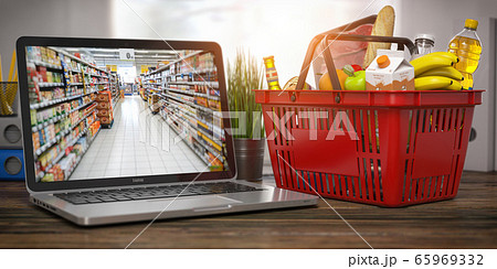 Shopping basket with food and laptop with shelf of 65969332