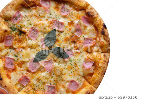 top view of hawaii pizza on white background 65970350