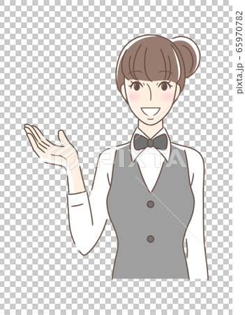 A woman facing the front smiling and holding out her hand 65970782