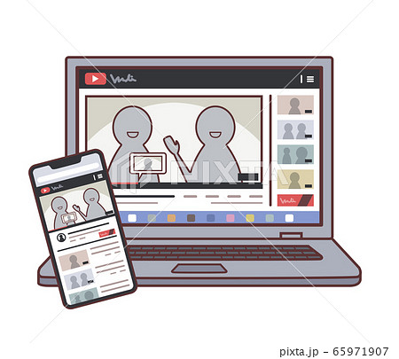 ノートパソコンとスマホのイラスト（動画サイトの画面）・主線あり 65971907