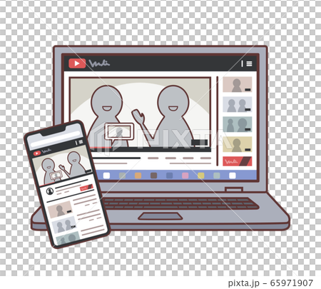 ノートパソコンとスマホのイラスト（動画サイトの画面）・主線あり 65971907