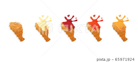 Set of fried chicken legs drumstick with different sauces splash, flat style vector illustration on white background, isolated. Set of fried chicken legs drumstick with different sauces splash, flat style vector illustration on white background, isolated. 65971924