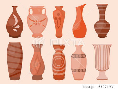 Ceramic Vases set, modern flat style. Antique Pottery classic pot and bowl. Handmade decorated ceramic vase and jar. Vector illustration 65971931