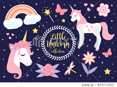 Cute little unicorn set, modern cartoon style. Fairytale collection for children with rainbow, flowers, stars, magic. Vector illustration 65971932