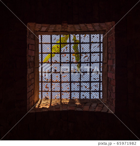 View to the sky through barred window View to the sky through barred window 65971982