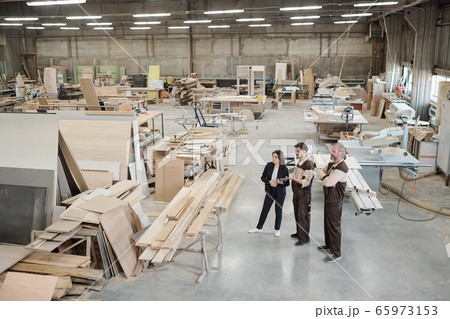 Young worker of furniture factory showing new equipment to female manager Young worker of furniture factory showing new equipment to female manager 65973153