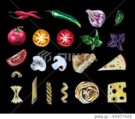 Hand-drawn elements collection set: Italian pasta with tomatoes, cheese, basil, mushroom on black. Magazine, cook book, cooking blog or website recipe, food delivery flyer or restaurant menu design 65977428
